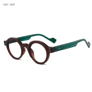 FHSY SHOP Retro Round Eyeglasses with Brown Frame & Green Temple Blue Light Blocking Lightweight Fashion Eyewear for Men Women Office Casual Daily Wear Prescription Ready Glasses