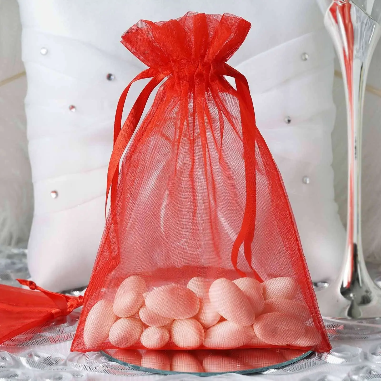 10 Pack 5"x7" Red Sheer Organza Drawstring Pouch, Office & Wedding Party Favor Gift Wrap Bags for Drawstring Pouch Gifts & Wrapping, Sheer Organza Use Cases