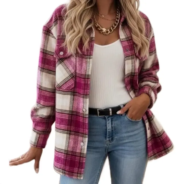 Pink Flannel Striped Plaid Soft Buffalo Flannel Shacket Check Shirt Oversized Long Sleeve Tartan Pattern Top Comfy Button Up Shacket Jacket- Long Sleeve Button Down Top with Pockets - Casual Fashion Outerwear