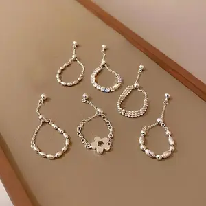 925 Sterling Silver Flower Ball Long Tassel Chain Adjustable Pull Ring for Women Index Finger Ring  Fine Jewelry