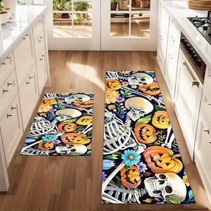 2Pcs Halloween Skeleton Horror Pumpkin Flower Floor Mat Set Farmhouse Kitchen Carpet Restaurant Floor Laundry Room Decor Carpet Mat