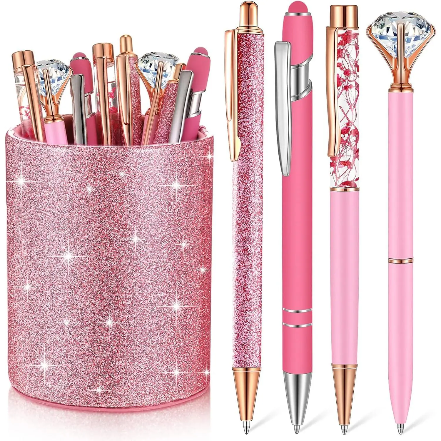 8 count Ballpoint Pens with Pen Holder for Desk Glitter   Fancy Pencil Holder Bling Desk Organizer Cute Office Supplies for Women Girls Valentines Birthday Gifts(Pink)