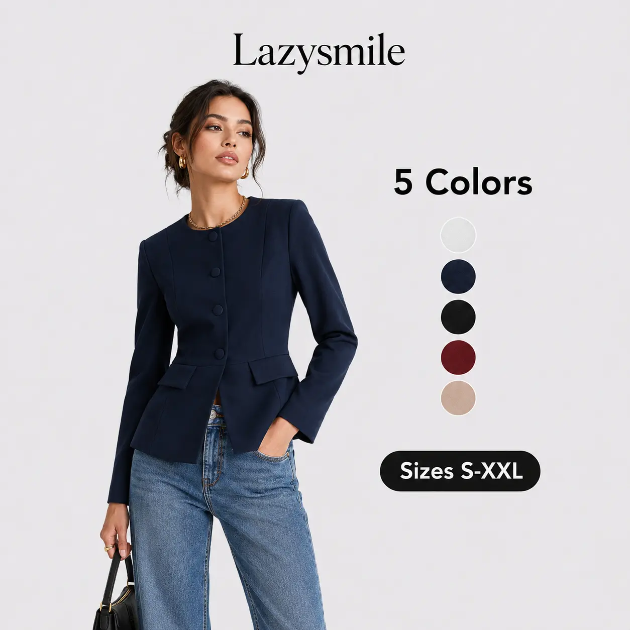LAZYSMILE Women's Chic Long Sleeve Polyester Blazer, Fitted Round Neck Button-Down for Business Casual Office Work with Pockets, Office Work Clothes, Crew Neck, Corporate Office Wear sohochic