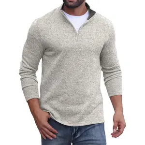 Male Longsleeves Quarter-Zip Sweatshirt - Lightweight Beige Pullover with Elbow Patches, Warm Wool Fleece Zipper Top, Spandex Compression Casual Shirt for Golf, Gym Workouts
