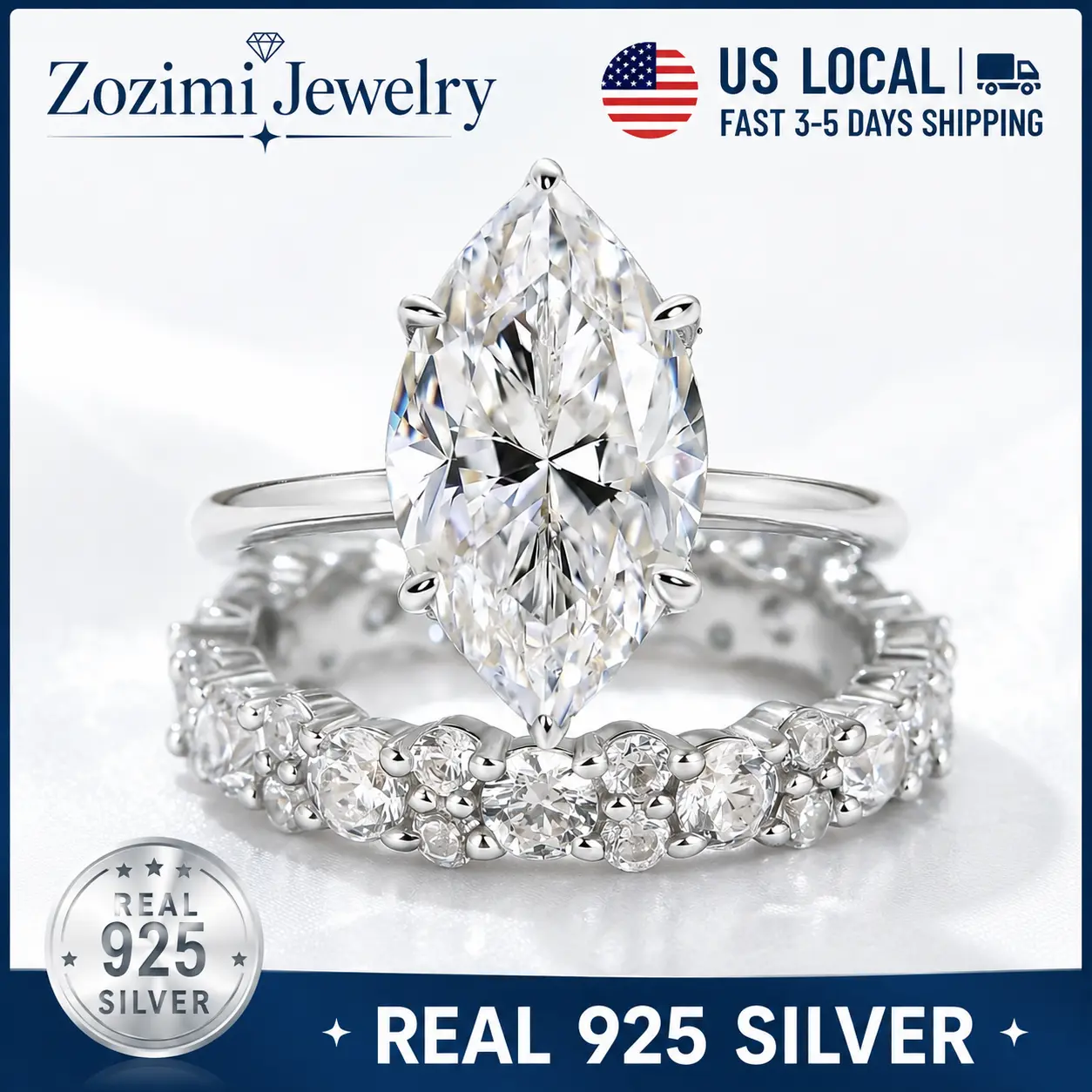 S925 Sterling Silver 3CT Marquise Cut Engagement Ring Set for Women, Luxury 5A Cubic Zirconia Wedding Bridal Jewelry, Engagement Rings Marquise