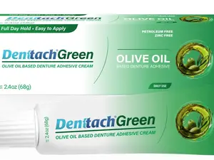 Denttach Green Olive Oil Based Denture Adhesive for Daily Use Denttach Green Olive Oil Based Denture Adhesive for Daily Use