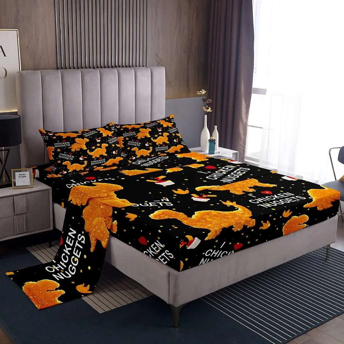 Feelyou Chicken Nuggets & Cute Dino Bedding Set - Breathable Fabric, Easy Care, Deep-Pocket Fitted Sheet, Fried Food Theme Decor for Boys, Restful Nights Bedding Collection
