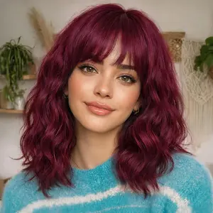 Curly Bob Wig with Bangs Short Wavy Wine Red Color Wigs for Women Bob Style Synthetic Heat Resistant Bob Wigs hair fiber material leticia texture