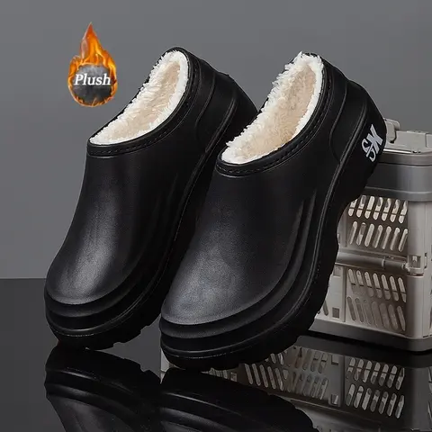 Quick Surf Women's Slip-On Fleece-Lined Thick Sole Black Casual Kitchen Slippers - Autumn/Winter Upgraded Work Walking Shoes for Indoor/Outdoor Low-Temperature Activities