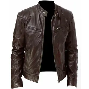 Mens Plus Size Brown Zip Up Hoodie with Pockets PU Leather Stand Collar Slim Fit Jacket Casual Style Functional Design