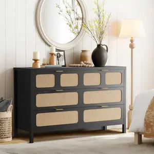 6 Drawer Dresser, Rattan Dresser for Bedroom with Metal Handles, Farmhouse Wood Storage Chest of Drawers for Bedroom, Living Room, Hallway, Entryway, Oak