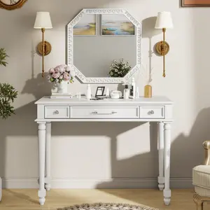 ARCH Retro Makeup Desk with Large Mirror, 3-Drawer Dressing Table for Jewelry Storage, Elegant Console Table for Bedroom, Living Room, Hallway & Foyer,White