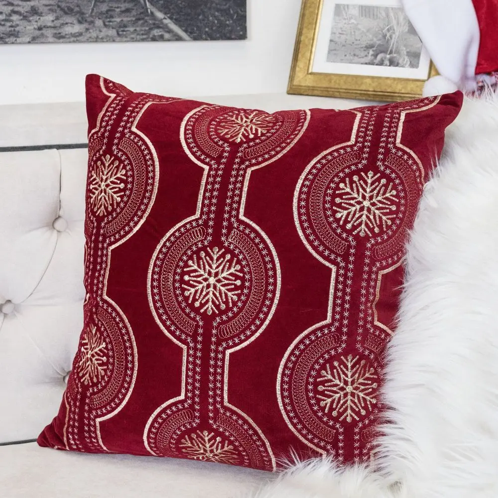 Kumasinova 20x20" Square Velvet Decorative Pillows, 80% Polyester Holiday Embroidered Throw Pillows with Snowflake & Geometric Details for Couch, Bed (Red)