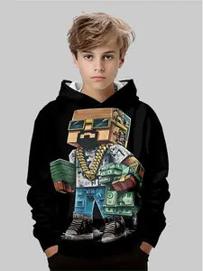 Minecraft Pixel Rich Theme Kids Hoodie, Trendy Casual Long Sleeve Fitted Top, Game Culture Street Wealth Blend