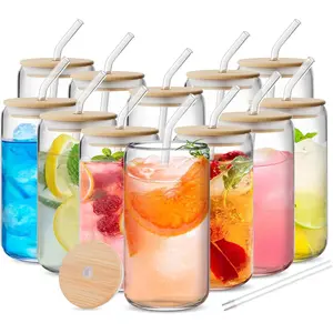12 Pack 16oz Clear Round Glass Cups With Bamboo Lids Bent Straws Brushes Large Capacity Home Office Beverage Cup Set For Iced Coffee Milk Tea