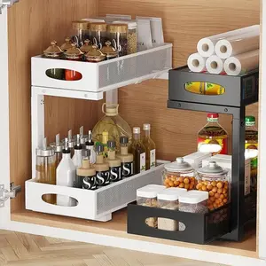 2 Tier Carbon Steel Pull Out Cabinet Organizer, Metal Sliding Drawer, Double Tier Slide-Out Drawer Shelf, Pull Out Drawer for Kitchen, Bathroom, Pantry - White