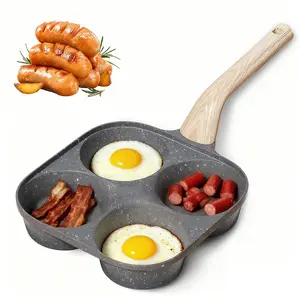 Multifunctional Nonstick Egg Frying Pan without Lid with Four-Hole Design for Eggs Burgers Pancakes Induction Compatible Kitchen Pan Beige Black