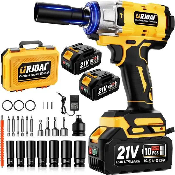 Urjoai Cordless Impact Wrench - 590Ft-lbs (800N.m) Brushless 1/2 inch, 3300RPM High Torque Impact Gun, 2x 4.0Ah Battery, Charger & 7 Sockets, Electric Impact Wrench for Car Home
