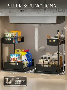 Under Sink Organizer, Pull Out Cabinet Organizer Slide Out Sink Shelf Cabinet Storage Shelves, Storages for Kitchen Bathroom, Black, 2 Pack