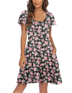 Women's Casual Floral Summer Dress with Ruffle Sleeves Crewneck Flowy Swing Mini Dress with Pockets Bohemian Style Shortsleeve