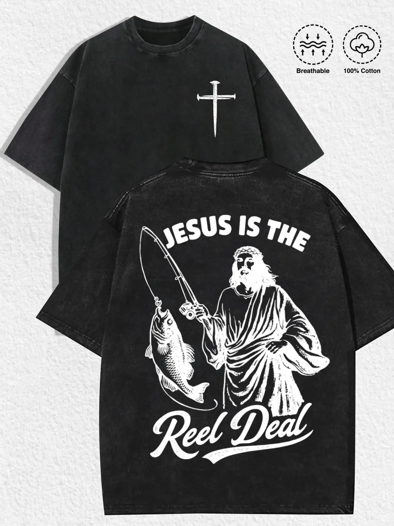 1 PCS Jesus Is The Reel Deal Fishing Jesus Front Nail Cross & Back Vintage Graphic Print, Funny Christian Faith Outdoor Fisherman Streetwear, Breathable Unisex Tee For Christian Fishing Lovers Casual Outdoor Outfit