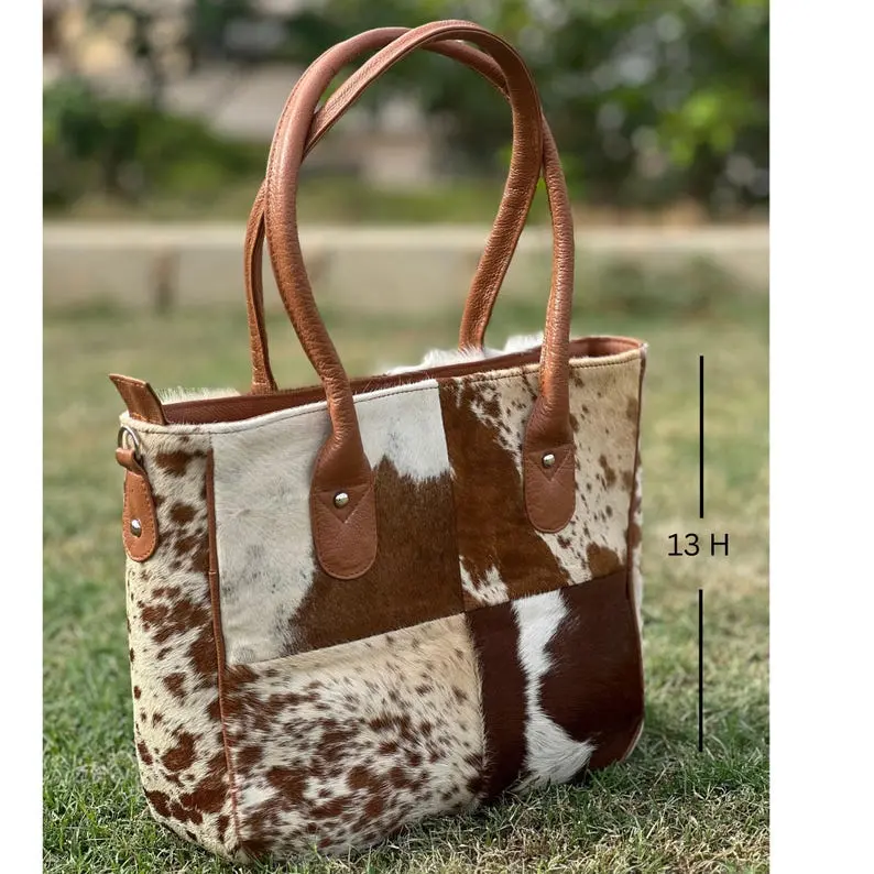 Cowhide Tote Bag – Hair on Leather Bag – Western Cowhide Handbag – Women’s Leather Tote with Zipper – Genuine Cow Hide Shoulder Bag