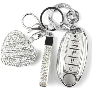 Key Fob Cover with Diamond Keychain, Car Key Holder For Nissan Altima, Rogue, Sentra, Pathfinder, Frontier, Maxima, Titan, Murano, Kicks, Juke, Versa, Armada, GTR-5 Buttons (Silver-Heart)