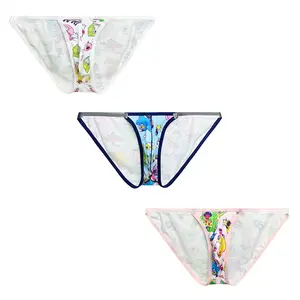 Cartoon Briefs High Cut Sheer Belt Men's Triangle Bikini Sexy Low Rise Graffiti Print Underwear 3Pack