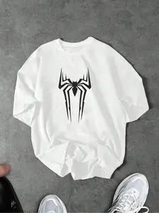 Men's Vintage Spider-Man Graphic T-Shirt, Loose Fit Hero Logo Streetwear, Casual Soft Cotton Top for Marvel Fans, Fall Winter Layering Essential