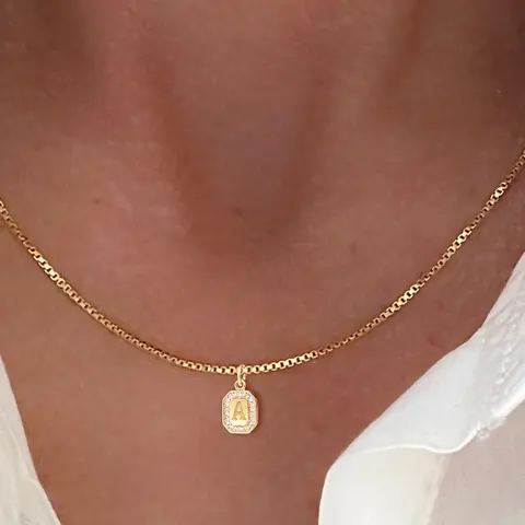 Women's Zirconia Block Letter Pendant Necklace, pendant with zirconia, Initial Necklace, Letter Necklaces, Fashion Necklace, Box Chain Design, Simple Classic Style Jewelry Accessory