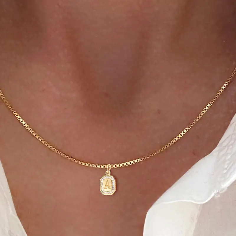 Women's Zirconia Block Letter Pendant Necklace, pendant with zirconia, Initial Necklace, Letter Necklaces, Fashion Necklace, Box Chain Design, Simple Classic Style Jewelry Accessory