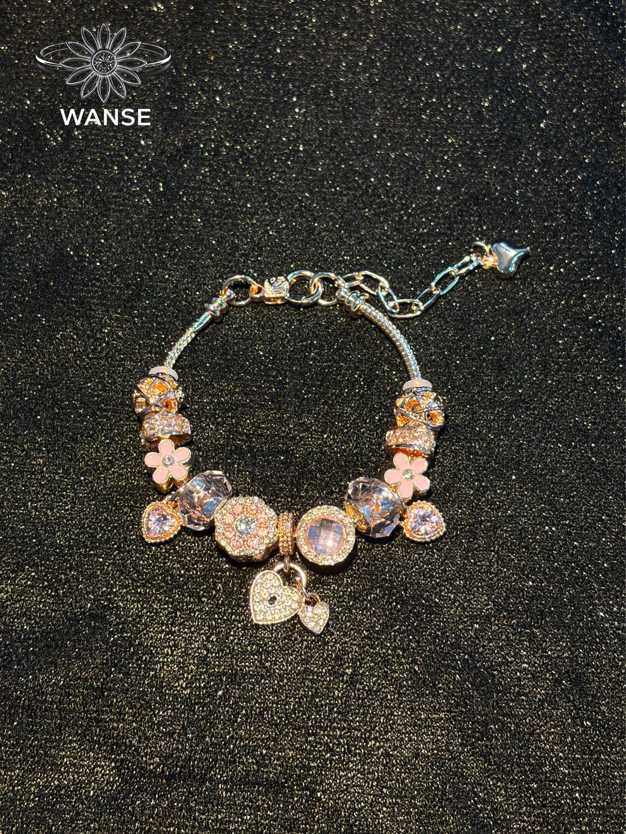 Rose Gold Pink Crystal Flower Heart Lock Charm Bracelet, Rhinestone Beaded Bracelet for Women