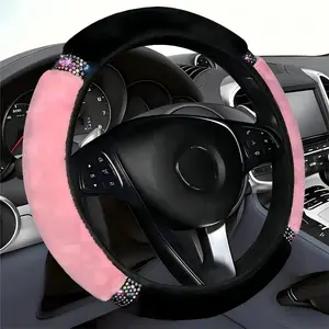 Fluffy Steering Wheel Cover, Universal 15 Inch Colorful Rhinestones  Steering Wheel Cover, Sparkly   Steering Wheel Protector for Women Girls,Pink