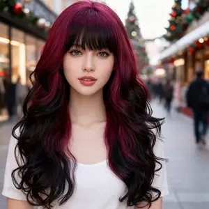 Glueless Wig Synthetic Hair Red & Black  Highlights Long Deep Wave Heat Resistant For Beginners Women  Date Night Party Wear