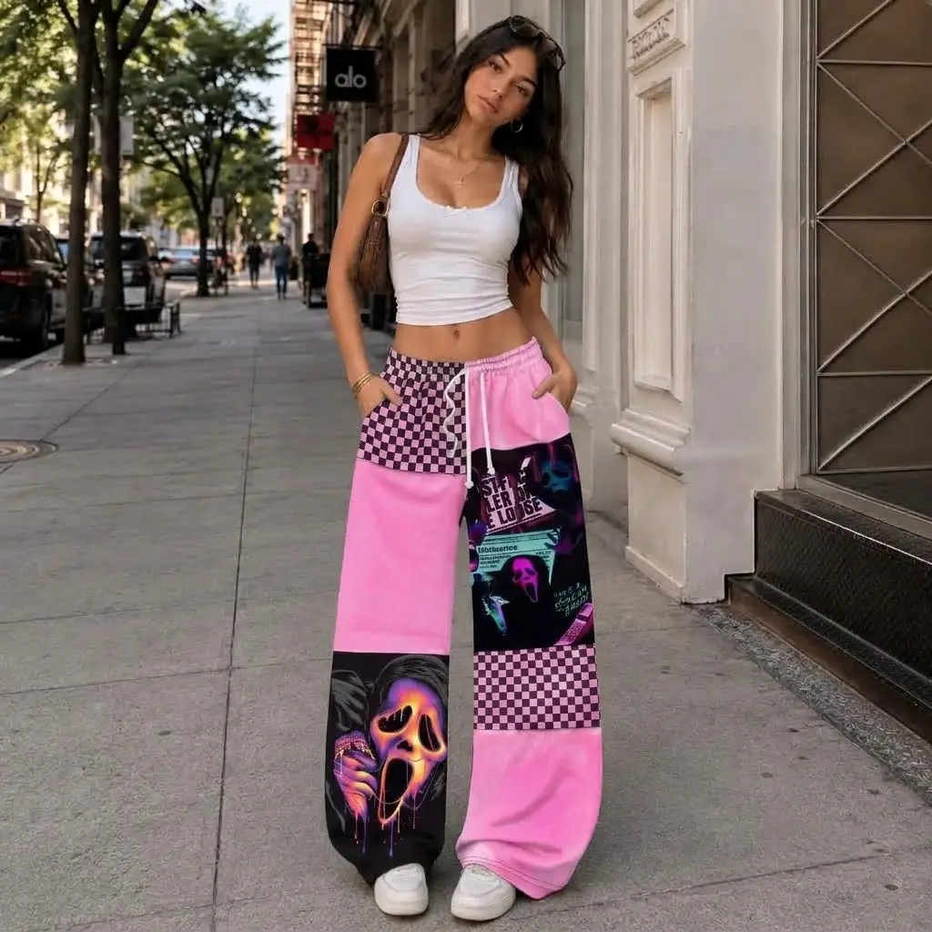 Ghost Face Checkerboard Halloween Sweatpants, Horror Patchwork Jogger Pants, Spooky Streetwear Pants, Unisex Fall Winter Lounge Pants