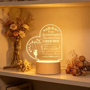 Heart Shaped Engraved Acrylic LED Night Light To My Granddaughter, Inspirational Quote Warm Glow Desk Lamp, Sentimental Grandparent Birthday Christmas Keepsake Gift For Granddaughter Home Bedroom Decor Lamp