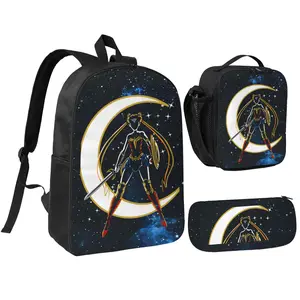 Three Piece Set Sailor Moon18 Printed Backpack Waterproof Curved Adjustable Shoulder Strap High Capacity Mesh Messenger Bag