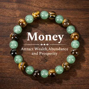 Money Bracelets for Women Natural Green Jade and Tiger Eye Summer Bracelets, Adjustable Wealthy Beaded Braclet, Green Crystal Jewelry for Good Luck with Elastic Cord Green Gifts for Her