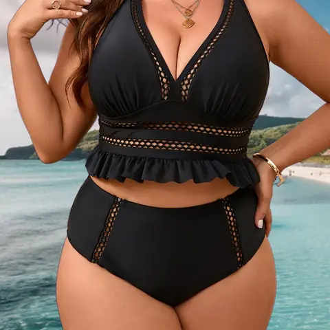 【Plus Size】Solid Color Bikini Set, Tankini Top Bottoms Set Swimsuit, Casual Fashion Chic Swimsuit for Beach Holiday Vacation, Women's Swimwear for All Seasons, Tankini Swimsuits Women, Tankini Swimsuits Sets, Tankini Outfit