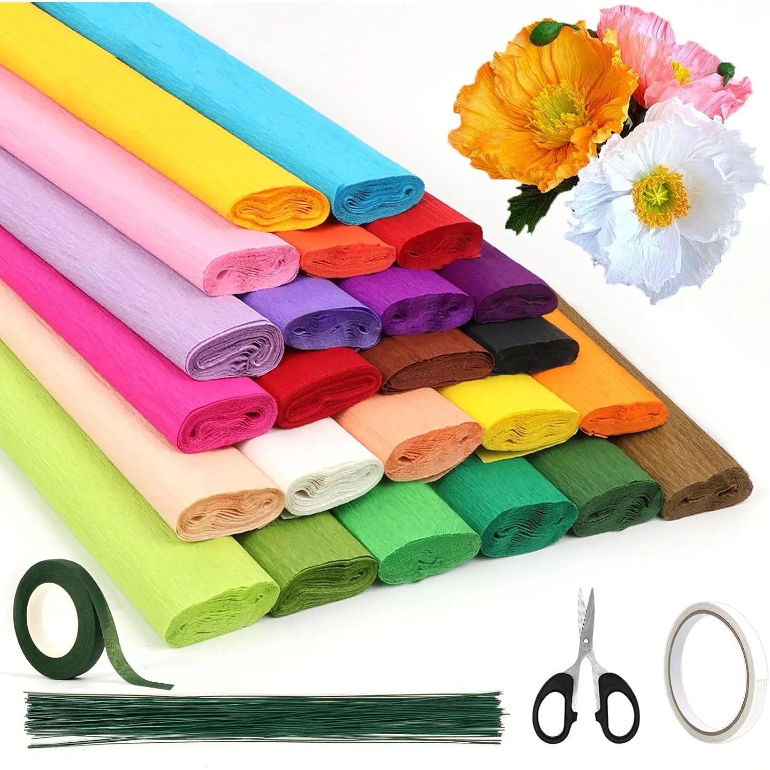 24 Colors Crepe Paper Rolls, 10 x 98 Inch Wide Crepe Paper Sheets with 100 count Green Floral Iron Wire, Floral Band, Double-Sided Tape, and  for Birthday Parties Weddings Festival Decoration