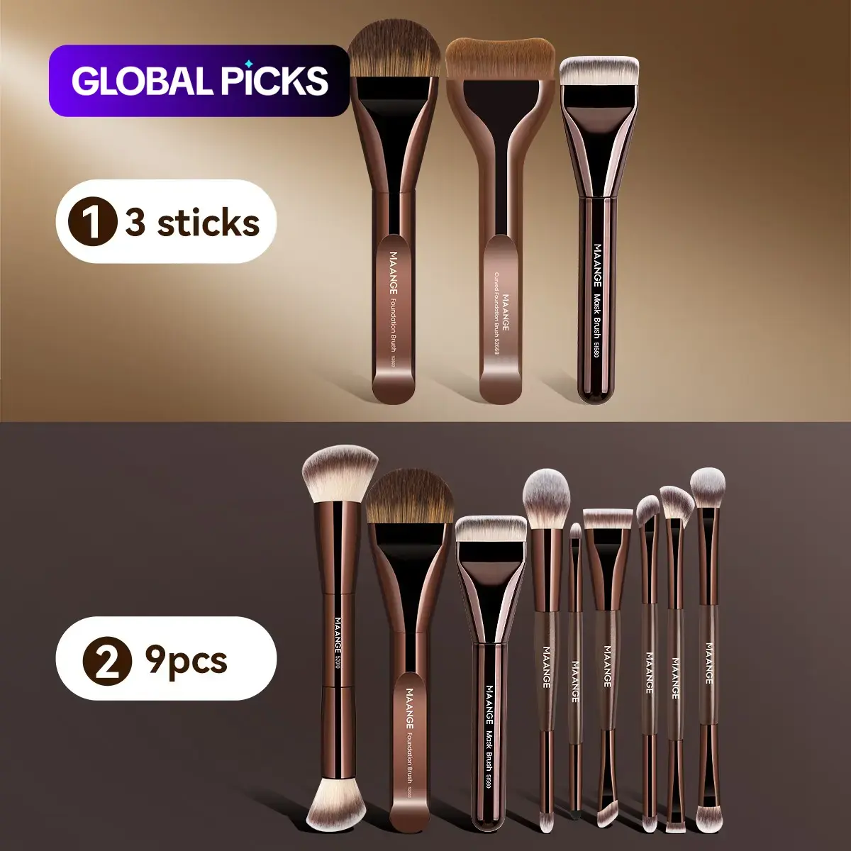 MAANGE 3- or 9-Piece Makeup Brush Set, Including Flat, Curved, and Ultra-Thin Foundation Brushes for Blending and Powder Application #GLOBAL PICKS