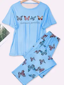 Valentine's Day Blue Bow Print Short Sleeve Long Pants Set, Two-Piece Sleepwear Pajamas Home Set, Geometric Pattern, Casual Style, All Seasons