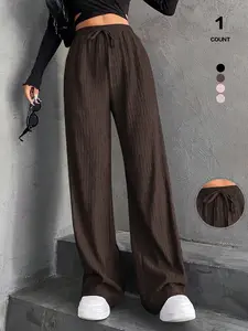 2026 Spring Summer Women's Ribbed Wide-Leg Lounge Pants - Multi-Color Options, High Waist with Drawstring, Soft & Drapey Textured Fabric, Loose Fit & Slimming Versatile Trousers