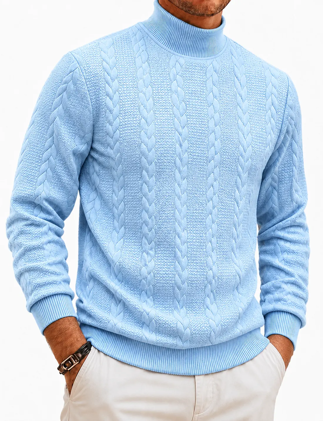 Men's Cable Knit Turtleneck Sweater, High Neck Long Sleeve Jacquard Pullover, Solid Casual Knitwear for Fall Winter, Office Outdoor Daily Wear