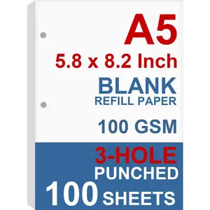 A5 Filler Paper, 3 Hole Planner Refills, Organizer, Binders, Total 100 Sheets/200 Pages, 100gsm, Blank, White Paper, 5.8 x 8.2 Inch, 3 Hole Filler Paper, Mini Binder Refills, Fit 3 Hole Binder Only