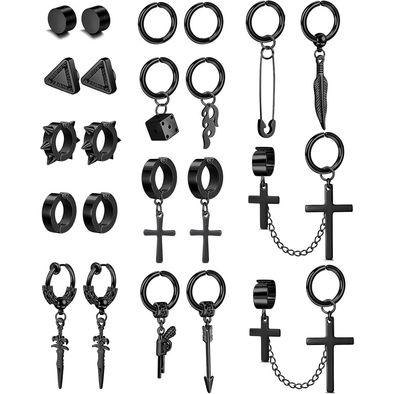 FLORIDECO 13/22/25 Pcs/Set Men Clip on Earrings Stainless Steel Cross Chain Dangle Earrings Black Non Pierced Huggie Hoop Earrings Set for Men and Women Casual Trendy Jewelry Men Accessories