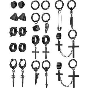 FLORIDECO 13/22/25 Pcs/Set Men Clip on Earrings Stainless Steel Cross Chain Dangle Earrings Black Non Pierced Huggie Hoop Earrings Set for Men and Women Casual Trendy Jewelry Men Accessories