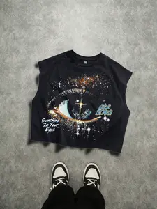 Men's Short Box Vest, Sleeveless Loose Design, Summer Vacation Basic, Eye Pattern, Casual Streetwear, Inner and Outer Wear, Holiday Gift Choice, Vest Top