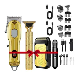 Professional Hair Clipper Set, Rechargeable Cordless Barber Kit and Hair Cutting Set, Electric Foil Shavers and Beard Trimmers, Ear, Nose Hair Trimmer Set & Facial Grooming Tool (Gold,Silver)
