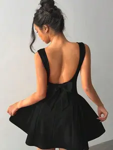 Women's Solid Color Bow Decor Back Sleeveless Mini Dress